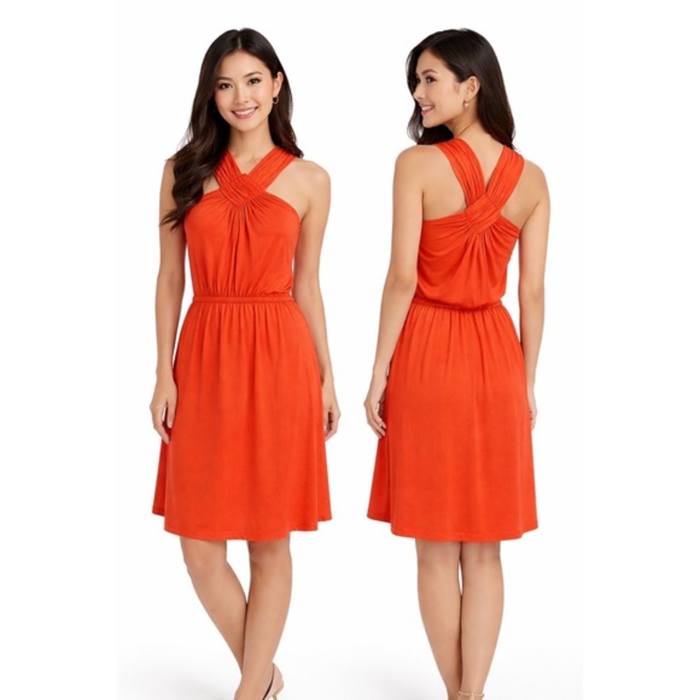 Outback Red Orange Halter Criss‎ Cross Neck Midi Jersey Dress M Resortwear 81-26